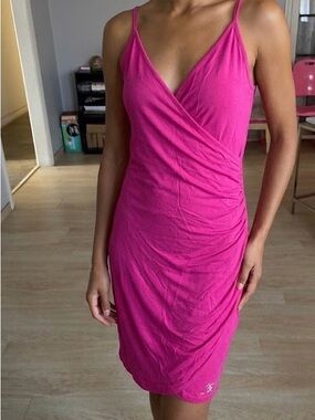 bebe Hot Pink Ruched Wrap-Front Mini Dress size L